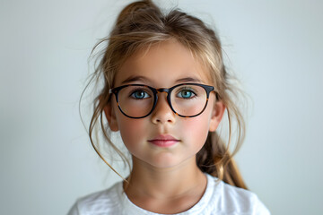 Closeup portrait of beautiful caucasian kid girl with glasses, isolated on a white background