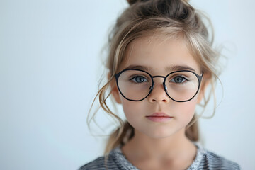 Obraz premium Closeup portrait of beautiful caucasian kid girl with glasses, isolated on a white background