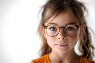 Obraz premium Closeup portrait of beautiful caucasian kid girl with glasses, isolated on a white background
