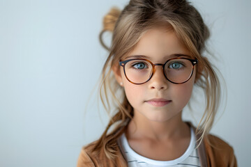 Fototapeta na wymiar Closeup portrait of beautiful caucasian kid girl with glasses, isolated on a white background