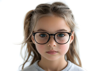 Obraz premium Closeup portrait of beautiful caucasian kid girl with glasses, isolated on a white background