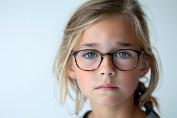 Obraz premium Closeup portrait of beautiful caucasian kid girl with glasses, isolated on a white background