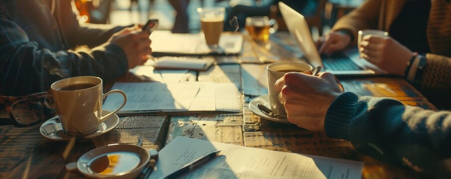 Coworkers sipping coffee together at a communal table, with laptops and paperwork scattered around