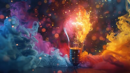A lightbulb's eureka flash sparks an artistic blast of colors, a close-up capture of inspiration's power in 4K resolution - obrazy, fototapety, plakaty