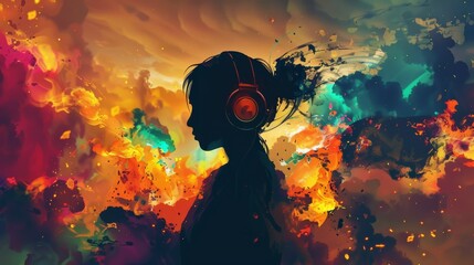A silhouette with headphones, embraced by a fiery explosion of creativity and color. - obrazy, fototapety, plakaty