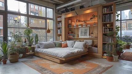Compact Living Spaces: Photograph multifunctional furniture, space-saving solutions, and clever storage ideas to cater to small-space living.  - obrazy, fototapety, plakaty