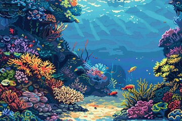 Fototapeta na wymiar Mesmerizing underwater world portrayed in pixelated coral deep sea landscape. Abundant rich biodiversity showcased. AI Image