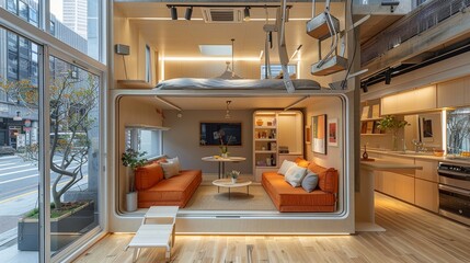 Compact Living Spaces: Photograph multifunctional furniture, space-saving solutions, and clever storage ideas to cater to small-space living.  - obrazy, fototapety, plakaty