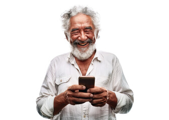 Smiling Senior Man with Phone on Transparent