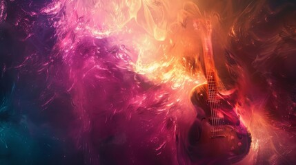 A guitar emits a vibrant, abstract aura of ethereal energy, illuminating its surroundings - obrazy, fototapety, plakaty