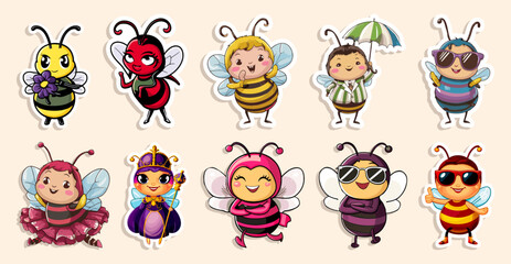 An adorable bee sticker set, vector illustrations. Generative AI