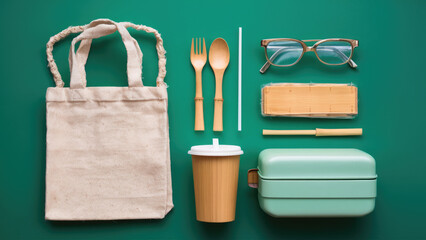  Ecological bag, cutlery, coffee cup and lunch boxes.