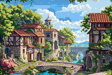 Charming style pixelated landscape of environment with meticulous detail and warm colors. AI Image