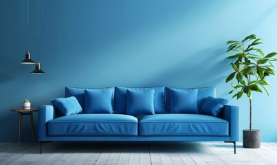 Home interior mock-up with blue sofa, wooden table and decor in blue living room,