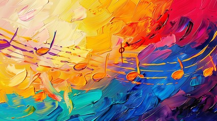 A canvas alive with music, notes painted thickly in a spectrum of joyful colors. - obrazy, fototapety, plakaty