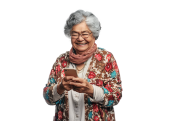 Elderly Woman Texting on Phone, Happy Expression