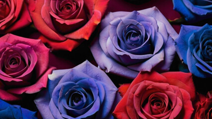 purple pink red blue and many light color roses flowers in full frame with text copy space in the middle with abstract gradient background and water droplets lying in the romantic manners 