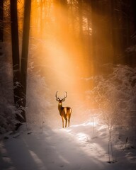 A deer silhouette, tranquility in the forest with sunlight rays V3.