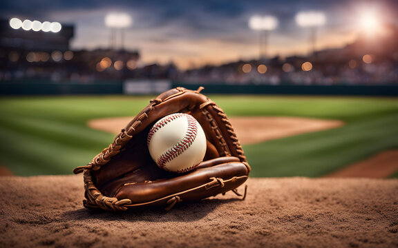 A baseball and glove on the field, symbolizing America's pastime and teamwork, with a defocused ballpark in the background