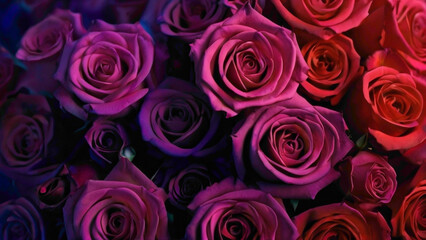 purple pink red blue and many light color roses flowers in full frame with text copy space in the middle with abstract gradient background and water droplets lying in the romantic manners 