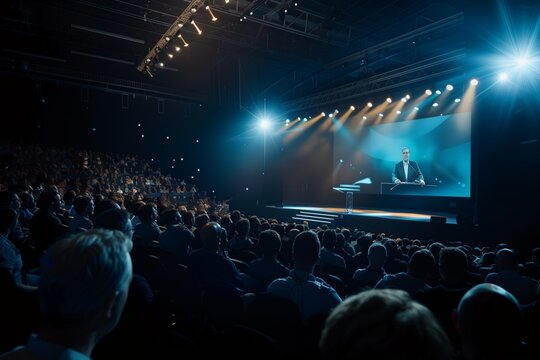 Keynote speaker delivering a presentation to an attentive audience at a B2B conference