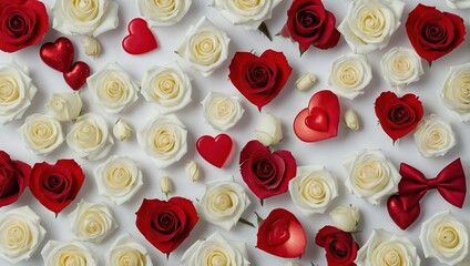 Red and white roses and heart shaped candies are arranged on a white surface.

