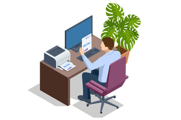 Isometric man using modern printer in office. New modern printer. Business person sitting at table taking document from printer