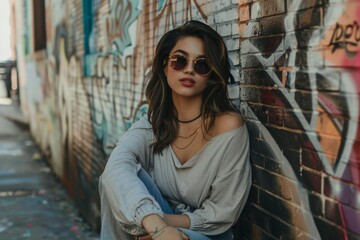 Fototapeta premium Stylish Woman Leaning Against Graffiti Wall