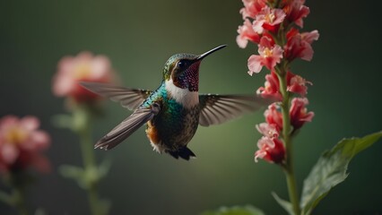Fototapeta premium A hummingbird feeding on a flower stem, it sips nectar from the vibrant petals