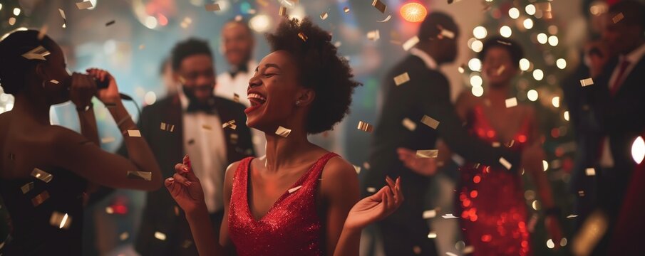 Employees dressed in formal attire at a company holiday party, dancing, socializing