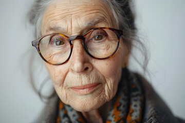 Closeup portrait of elderly  woman in glasses, isolated on light background