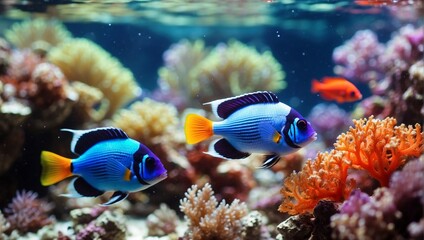 Fototapeta na wymiar A clownfish swims in a coral reef.