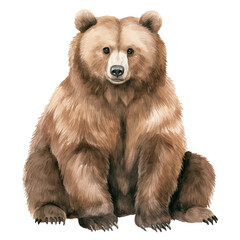 AI-generated watercolor cute brown grizzly bear sitting clip art illustration. Isolated elements on a white background.