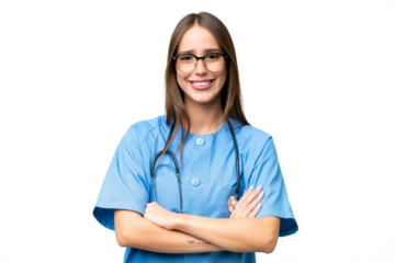 Young nurse caucasian woman over isolated background keeping the arms crossed in frontal position