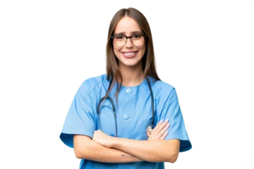 Fototapeten Young nurse caucasian woman over isolated background keeping the arms crossed in frontal position © luismolinero