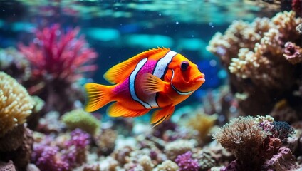 Fototapeta na wymiar A clownfish swims in a coral reef.