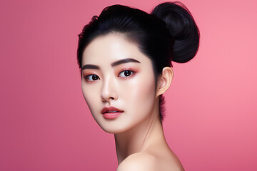 Fototapeta premium Portrait of a Beautiful Woman with Natural Makeup on Pink Background Generative AI