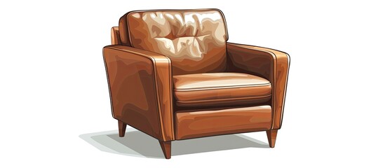 A brown leather chair with armrests is placed on a white hardwood flooring. The chair is rectangular in shape and is coated with varnish, providing comfort and adding a touch of elegance to the room