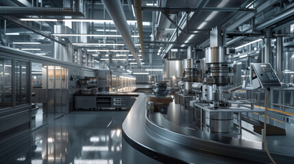 A state-of-the-art pharmaceutical manufacturing facility with automated machines and quality control stations, temporarily quiet but ready to manufacture life-saving medications