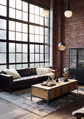 Industrial loft living room with large windows and a dark leather couch.
