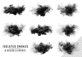 8 Black Smoke Elements On Transparent Background. Generative ai