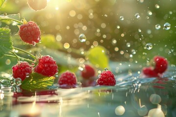 Sun-Kissed Raspberries Floating on Sparkling Water
