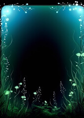 Glowing plants and flowers frame a dark teal space.
