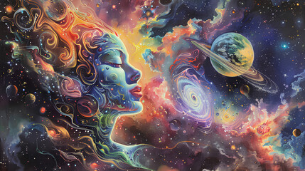 Retro illustration with woman in space. Vintage galaxy and calm mind poster.