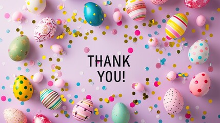 thank you greeting with Easter eggs, pink background - obrazy, fototapety, plakaty