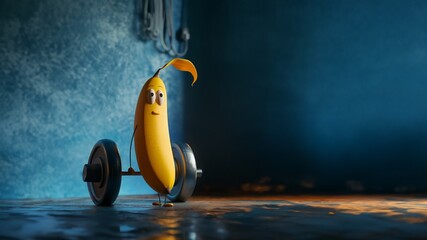 Witzige Cartoon Figur Banane mit Gesicht und Hanteln im Sport, ai generativ