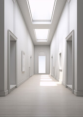 Fototapeta premium Empty, sunlit hallway with white walls and floors. 
