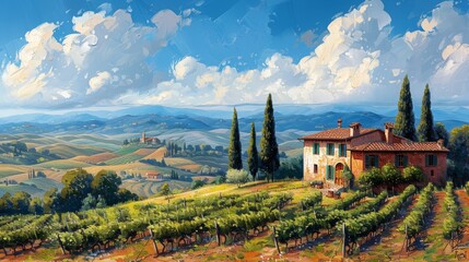 Obraz premium Tuscan Hills Winery I oil paint illustration
