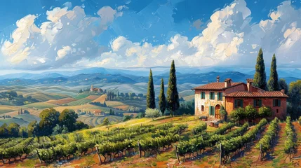 Fotobehang Tuscan Hills Winery I oil paint illustration © ZoomTeam