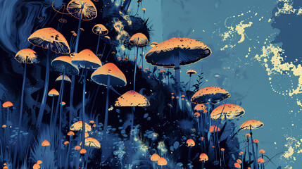 Acid mushrooms illustration. Interesting background with nature in blue tones